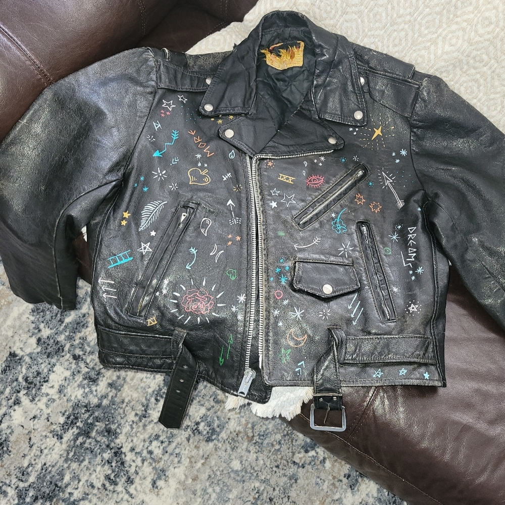 Urban Outfitters Black Leather Jacket with Colorful Artistic Accents - Picture 4 of 11